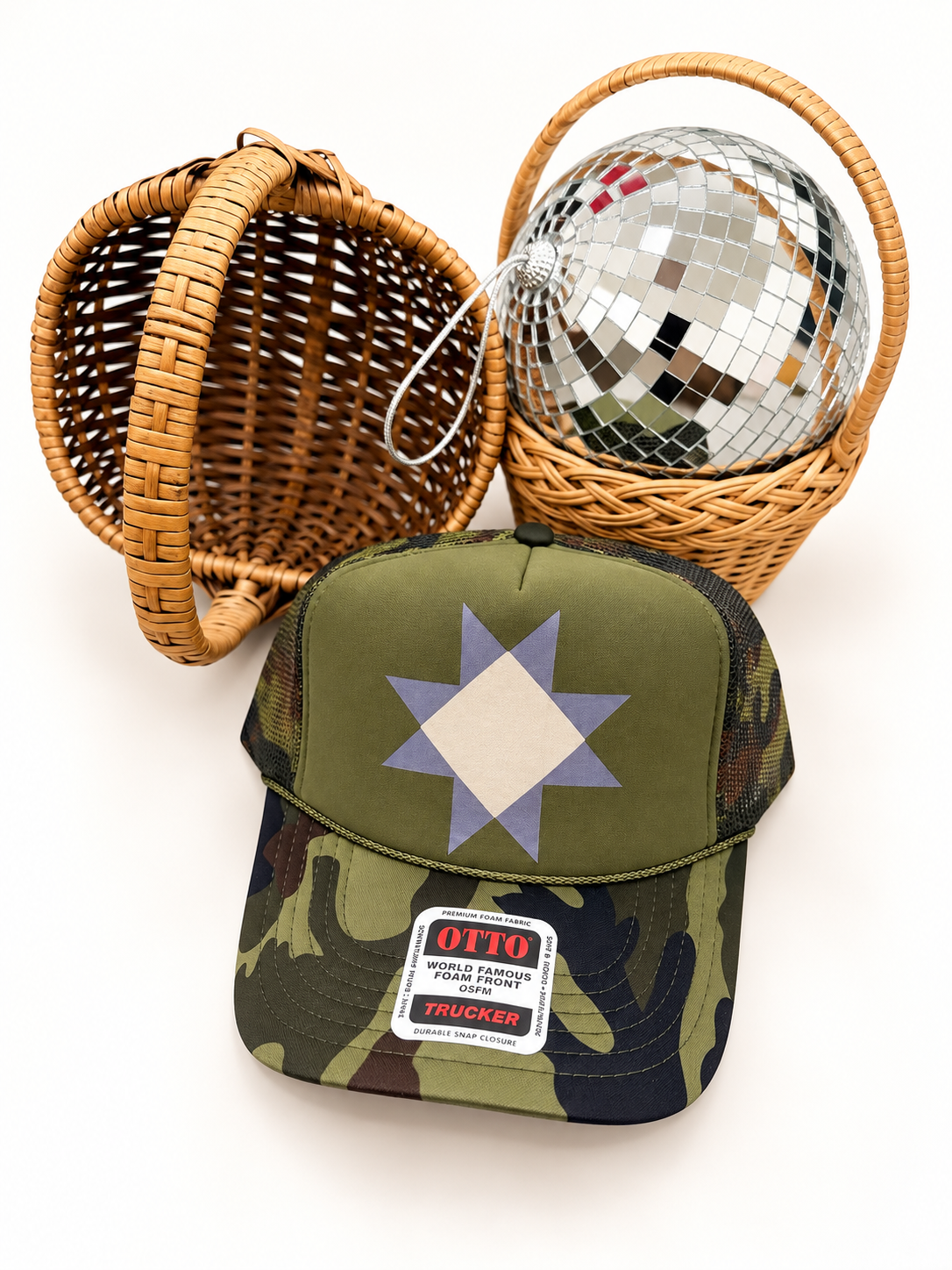 trucker hat | granny square + camo
