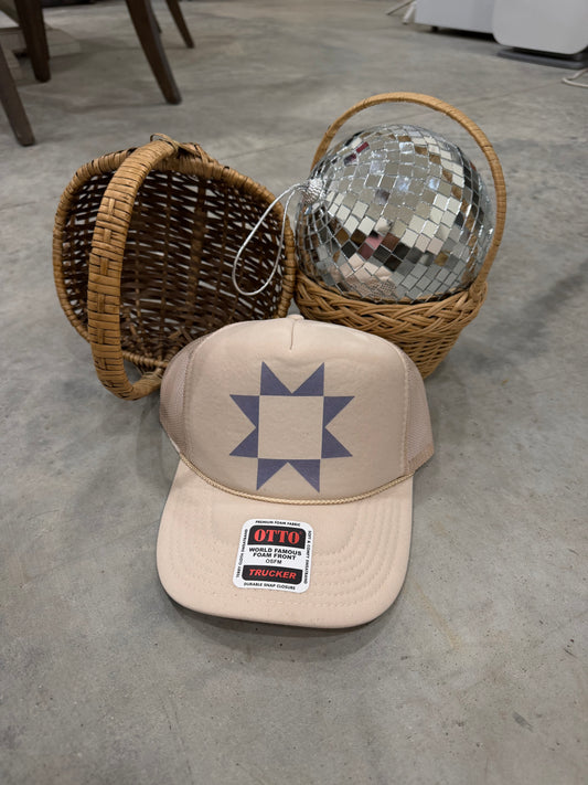 trucker hat | granny square + tan