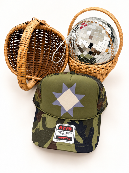 trucker hat | granny square + camo